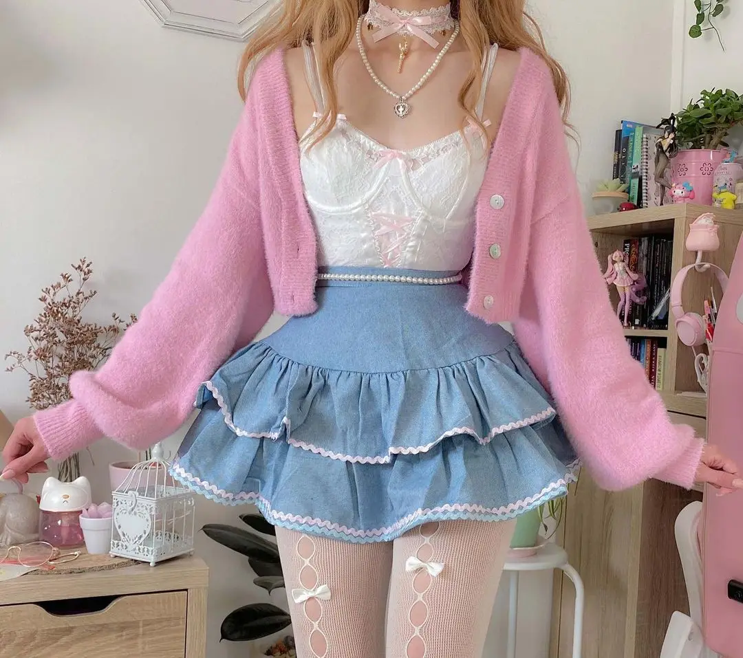 INSMIRCOGIRL Hot Girl Cute Y2K Fashion Miniskirt 2022 Summer New Double Cake Tutu Skirt High Waist Patch Denim Mini Skirt