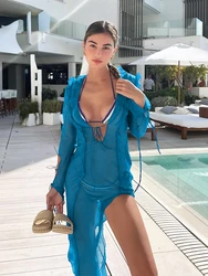 Alinemyer Long Sleeve Blue Maxi Dress Sexy Ruffle Bandage Summer Beach Dress for Women 2022 Autumn Mesh Slim Club Party Dresses