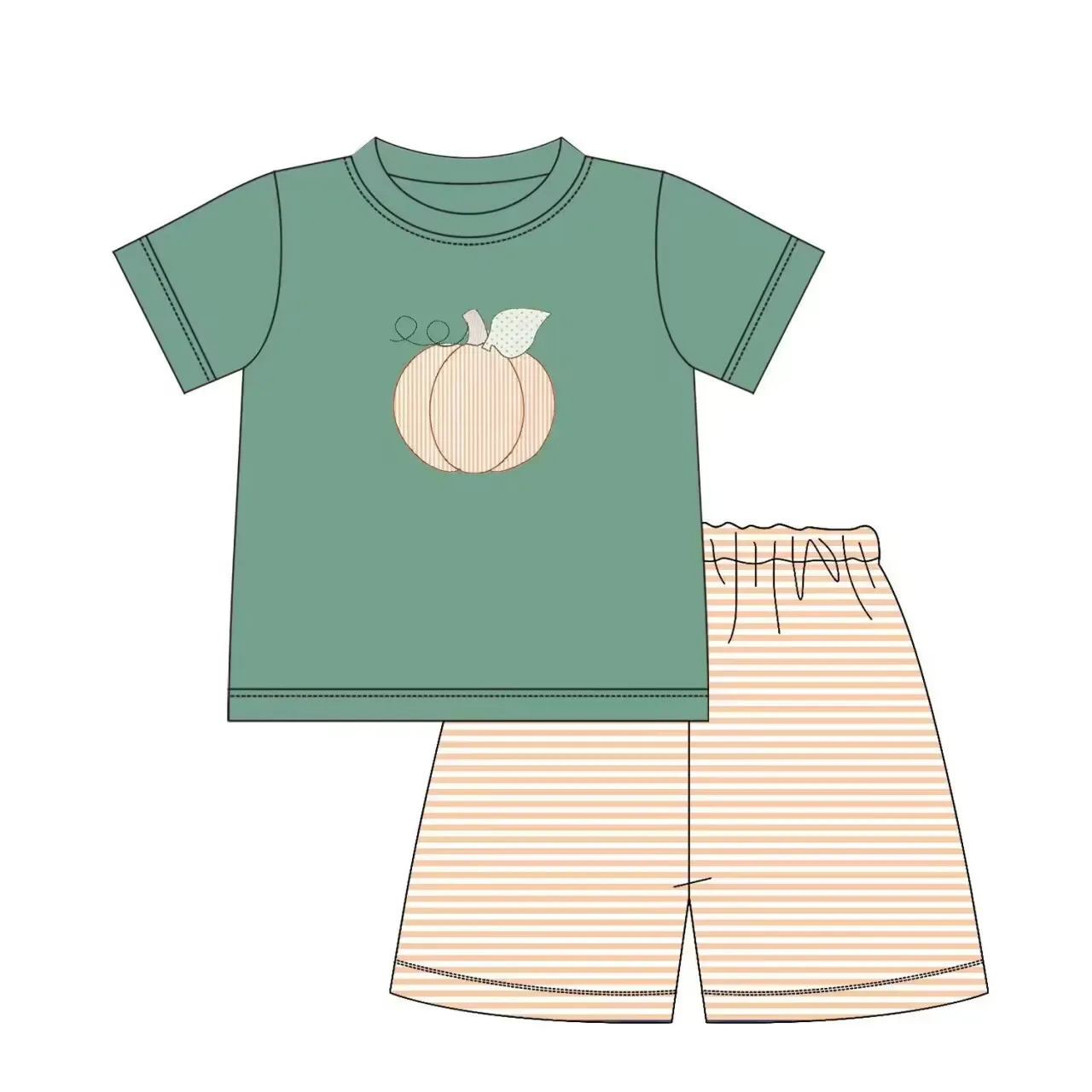 

Pumpkin Print Boys Summer Green Short Sleeve Orange Shorts Boutique Set Retail and Wholesale