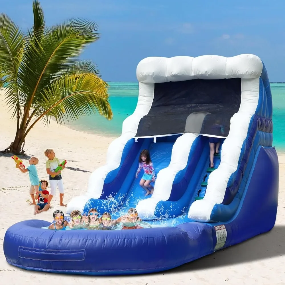 Glissière d'eau gonflable Blue Wave avec piscine anti-éclaboussures pour enfants et adultes, toboggan d'eau d'arrière-cour avec souffleur, utilisation à sec de support, extérieur, 21 pieds