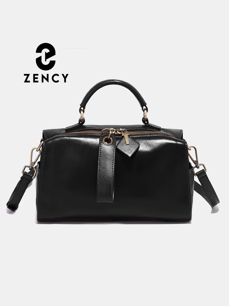 

Zency Oil Wax Leather Vintage Handbag Women Shoulder Bag Satchel Black Wave Pattern Wide Strap Classic Boston Bag Purse New 2024