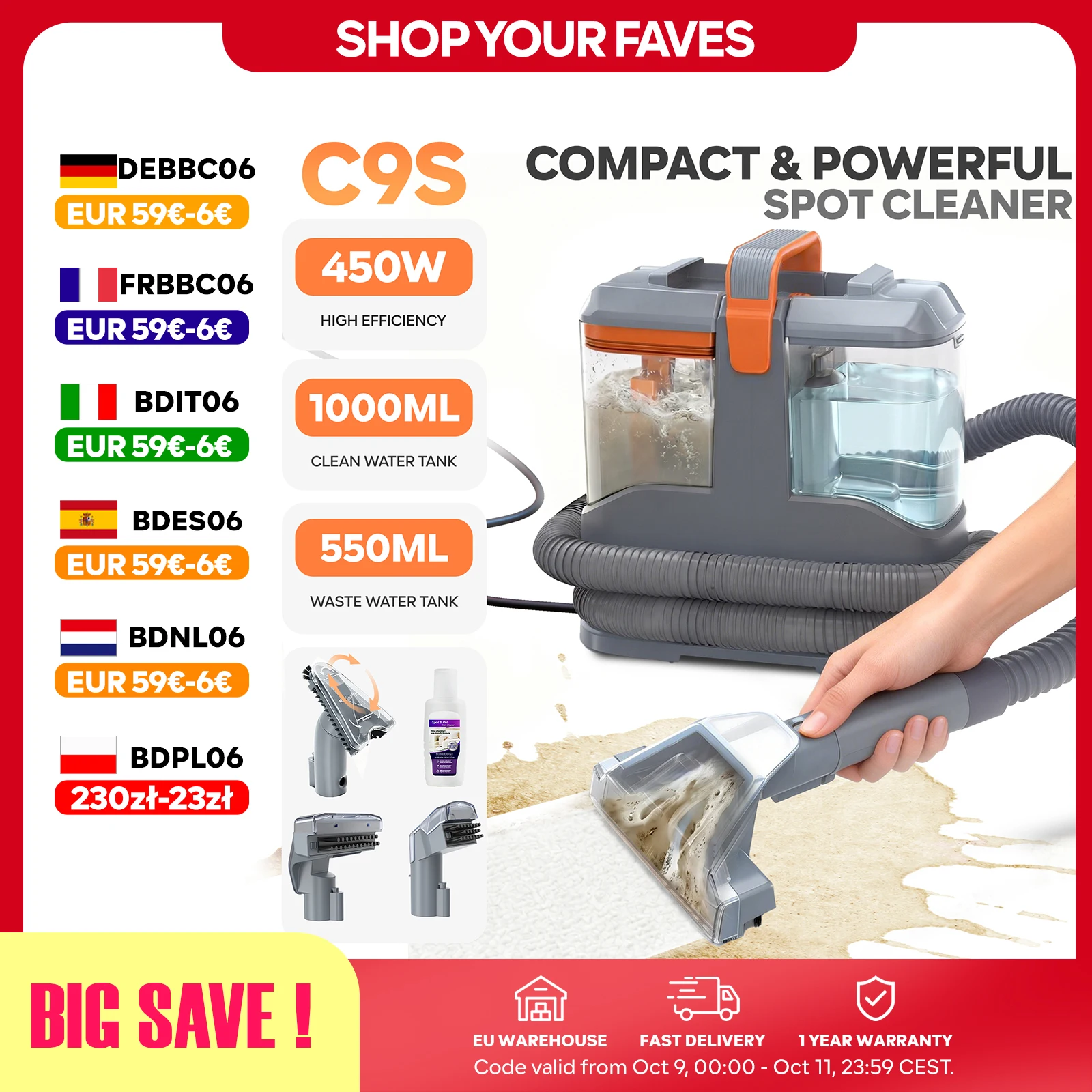 C9S Tragbare Teppichreinigermaschine 13kPa 450W, Polsterreiniger Waschsauger für Auto Sofa, Starker Fleckenentferner gegen Tierhaare mit 3 Bürsten