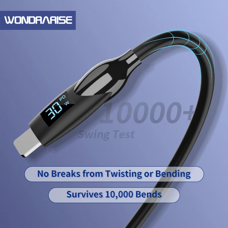 WONDRARISE LED Fast Charging Cable Dual Type C USB-C to USB-C 100W Digital Display for Xiaomi Huawei Samsung iPhone PD Charger C