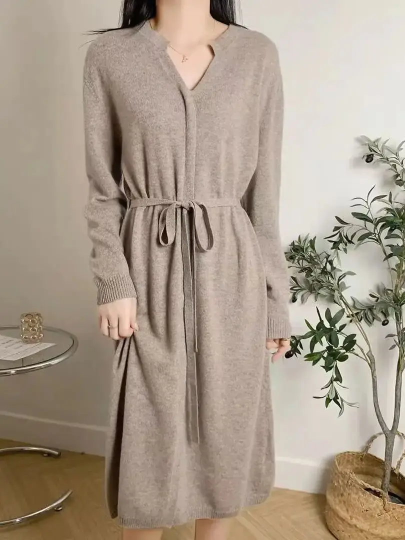 فستان أنيق كاجوال من صوف ميرينو بأكمام طويلة مع حزام #6