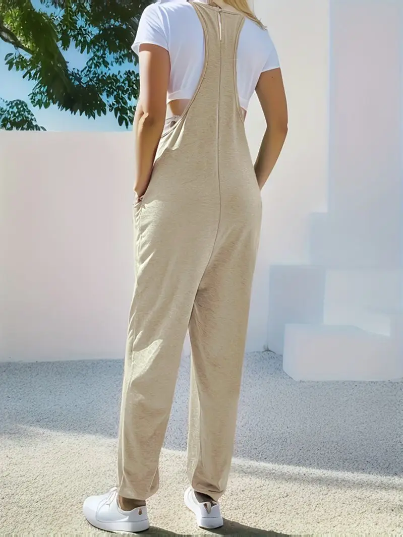 Kombinezon damski na jesień w dużych rozmiarach z AliExpress, jednolity kolor, kieszenie, długie spodnie na szelkach, luźny, casualowy kombinezon.