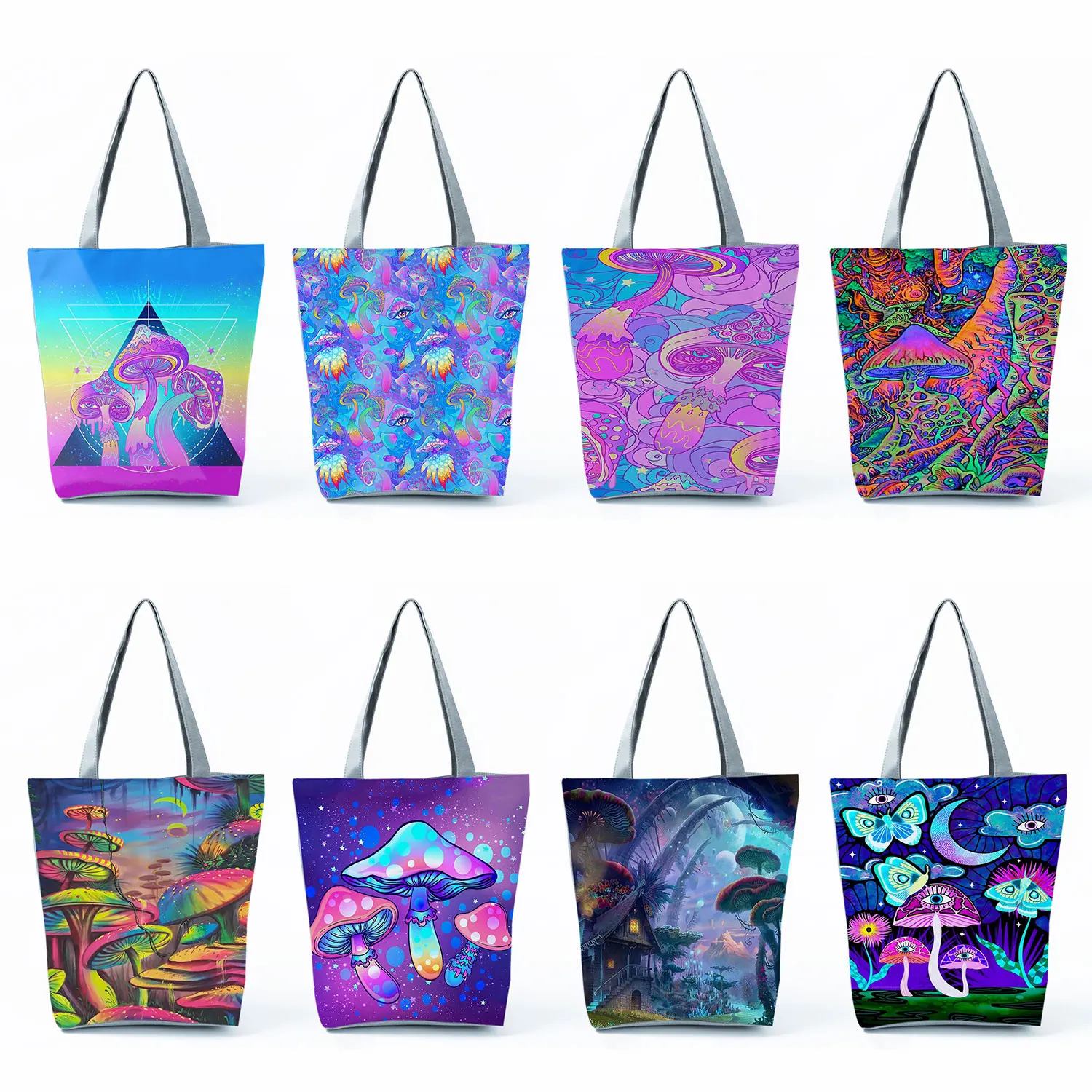 

Travel Tote Bags Bright Colors Mushroom Print Handbags Portable Cartoon Comics High Capacity Shopping Bag Eco Reusable Women