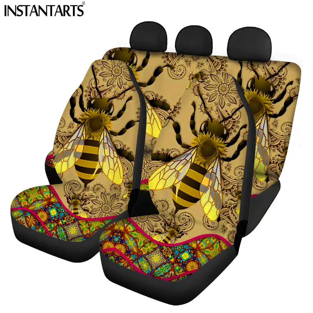 INSTANTARTS 4 Packs Car Seats Covers Retro Bee Pattern Comfortable Wear-resistant Polyester Pads Useful Vehicle Protect Supplies