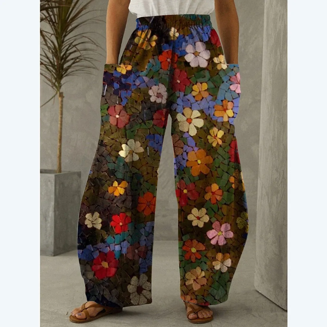 Summer women's slim elastic waistband with slanted pockets, wide Leg Pants With Floral Print, High Waisted Pants For Women