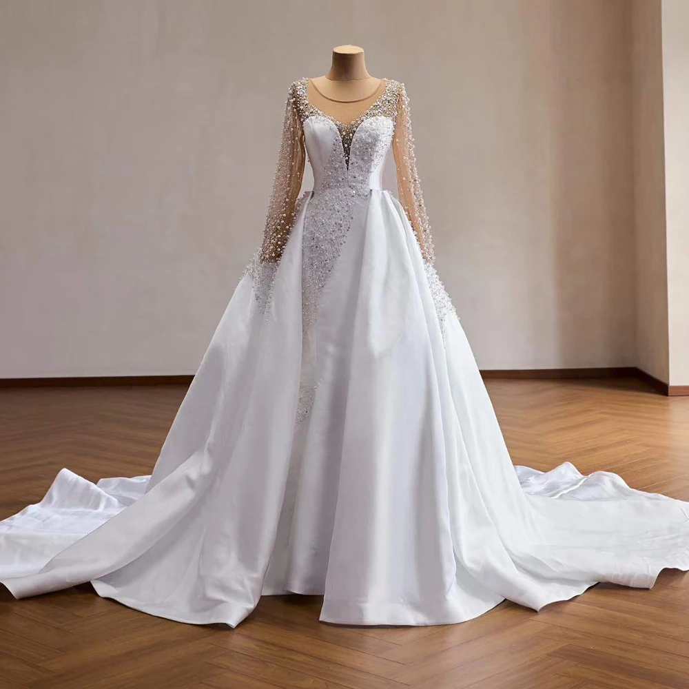 Wedding Gowns For Brides 2026 Long Sleeves Lace Beading Pearls Ivory Satin Mermaid Wedding Dress 2 In 1