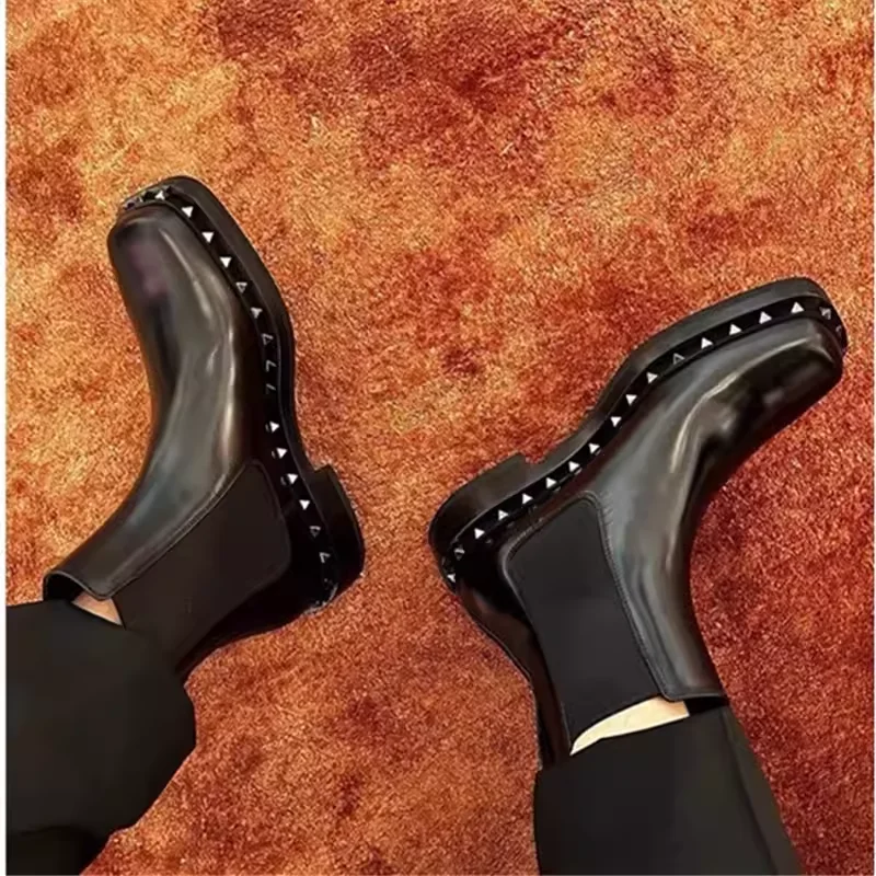 

Luxury Rivet Decoration Flat Heel Man High Top Boots Spliced Knit Elastic Male Black Genuine Leather Slip On Ankle Boots