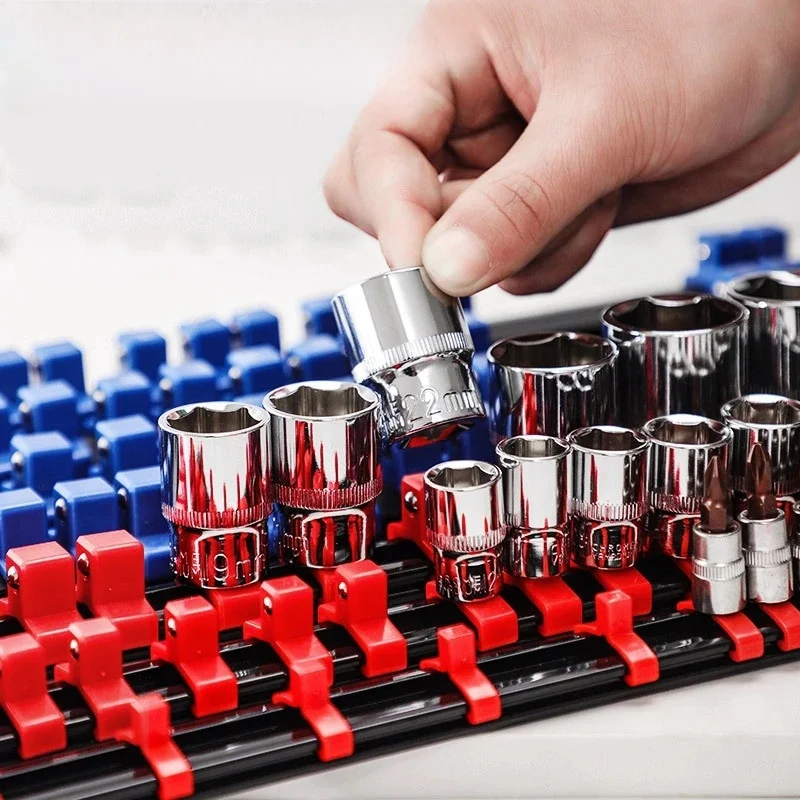 360 ° Organisateur de douilles ABS pivotant 1/4 pouces 3/8 pouces 1/2 pouces, qualité supérieure, support de Rail à Clip, outils d'organisation de douilles bleu et rouge