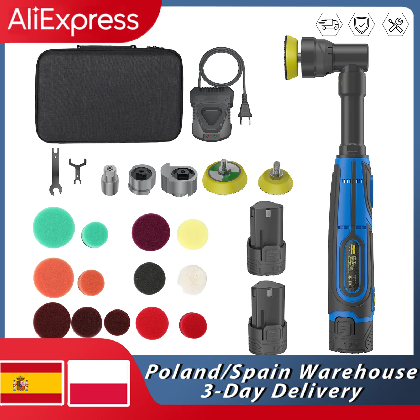 Pulidora Inalámbrica para Auto de 12V, Mini Pulidora Nano Inalámbrica, Kit con Cabezales Intercambiables, Motor sin Escobillas, Orbital de 3/12mm