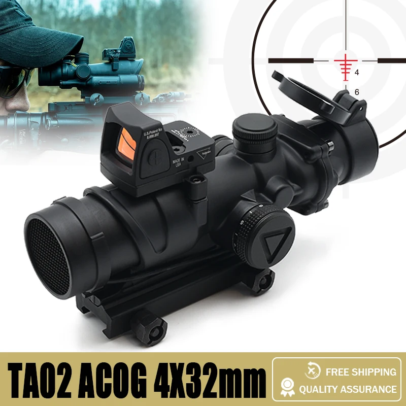 TA02 ACOG 4X32mm Red LED Illuminated Riflescope with Mini RMR Reflex Red Dot Sight for Hunting Airsoft Rifles with Full Markings