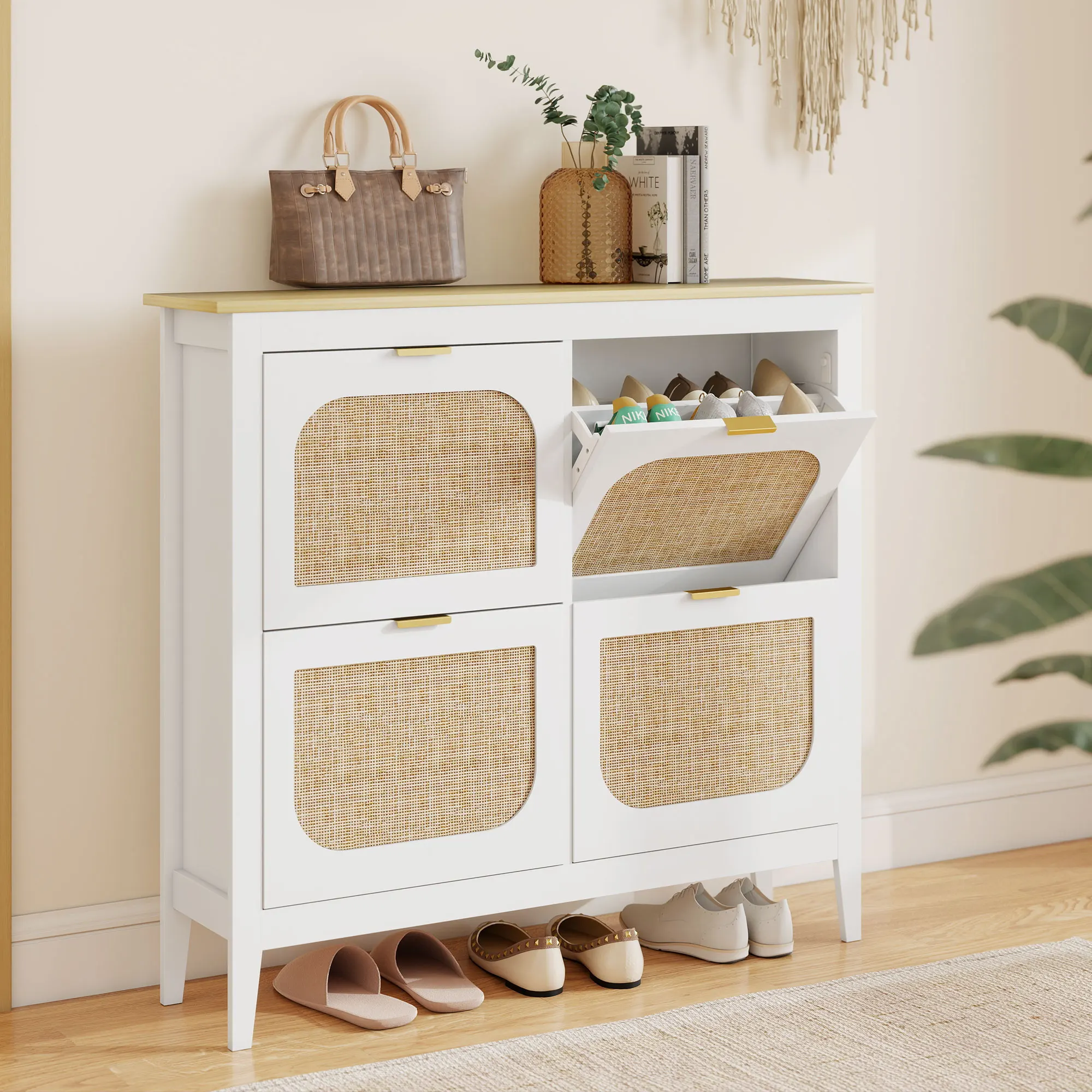 Schuhschränke im Boho-Stil mit 4 Klappschubladen, verstellbares Schuhregal, weißer Schuhaufbewahrungsorganizer mit Türen im Rattan-Look & Holzplatte, platzsparender Schuhschrank für Eingangsbereich,