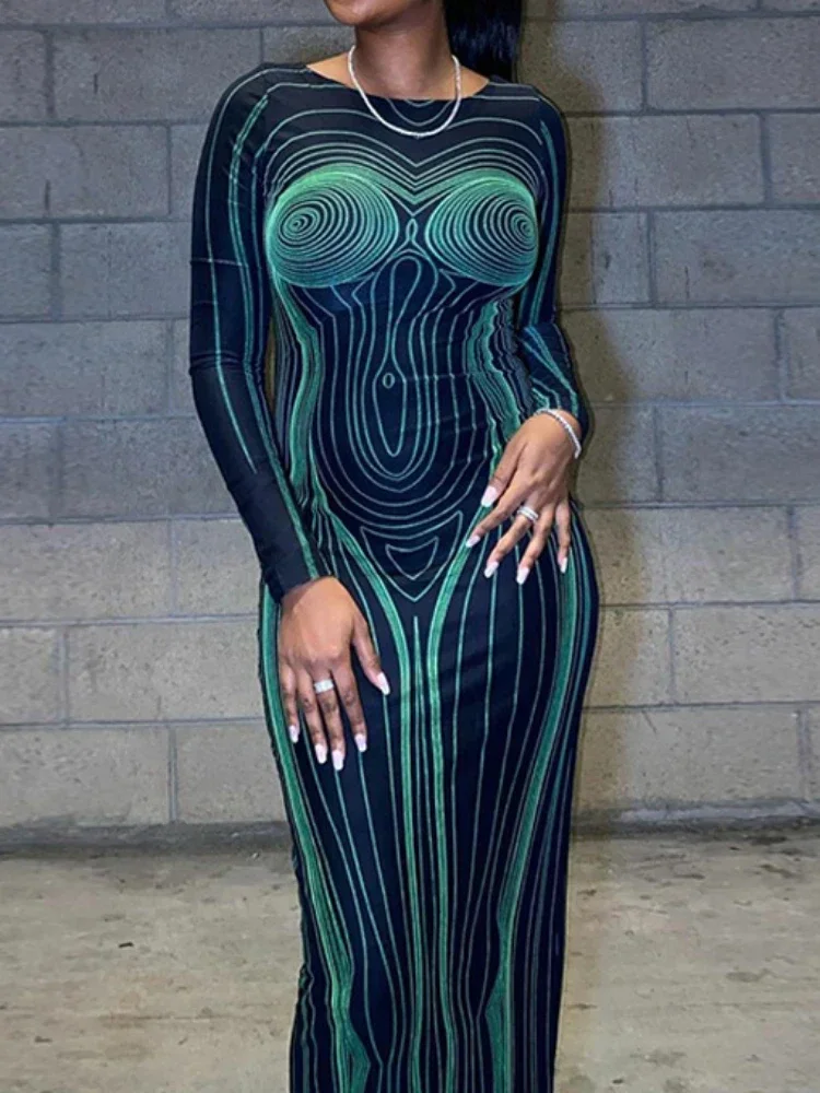 Sexy Human Vein Lines Slim Bodycon Long Dress Women Stripe Print Long Sleeved Backless Skinny Dress Elegant Club Party Vestidos — zdjęcie 2