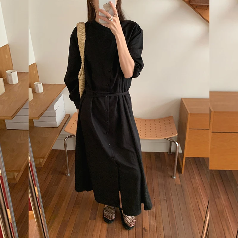 Style Aso Women Vintage elegant Round Neck Button Loose Long Strap One-piece Dating Lookup OP2056