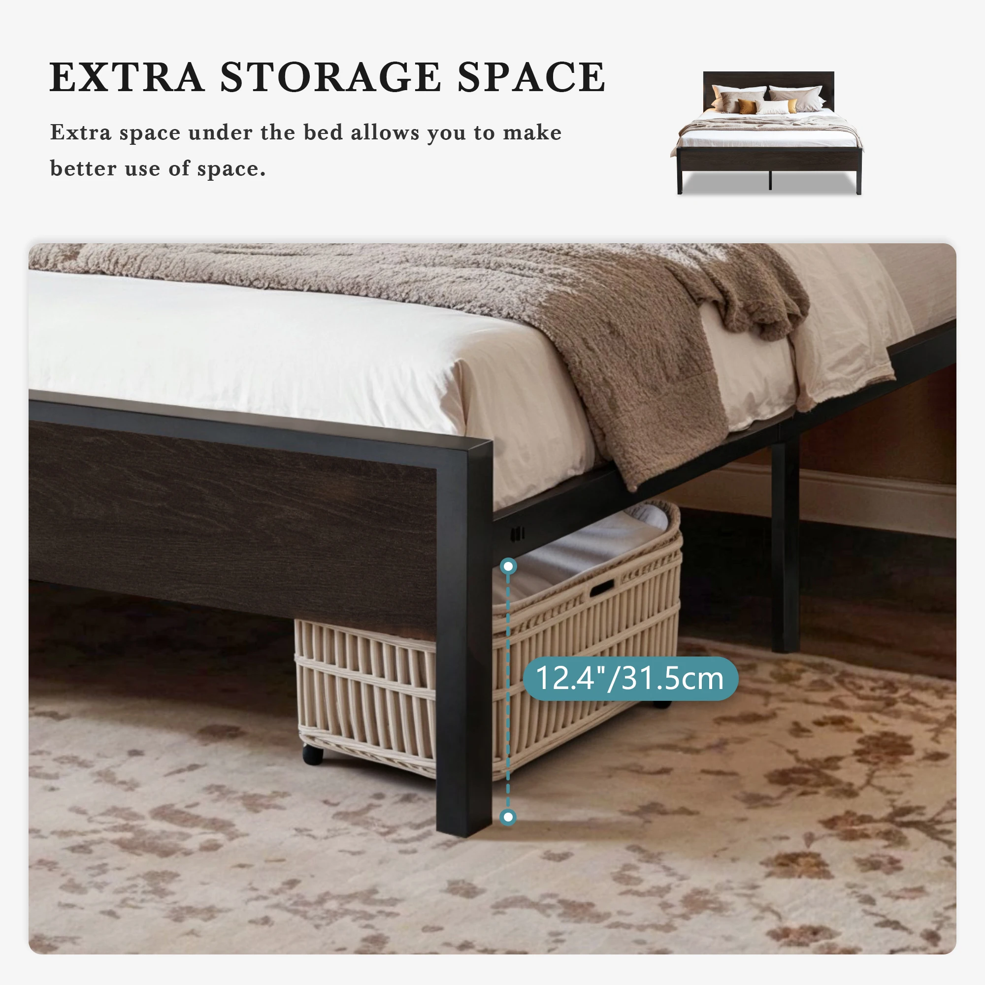 هيكل سرير HOOMIC مع لوح رأسي خشبي، سرير بمنصة معدنية مع كريم أساس مرتبة قوية، لا حاجة إلى صندوق زنبركي، #4