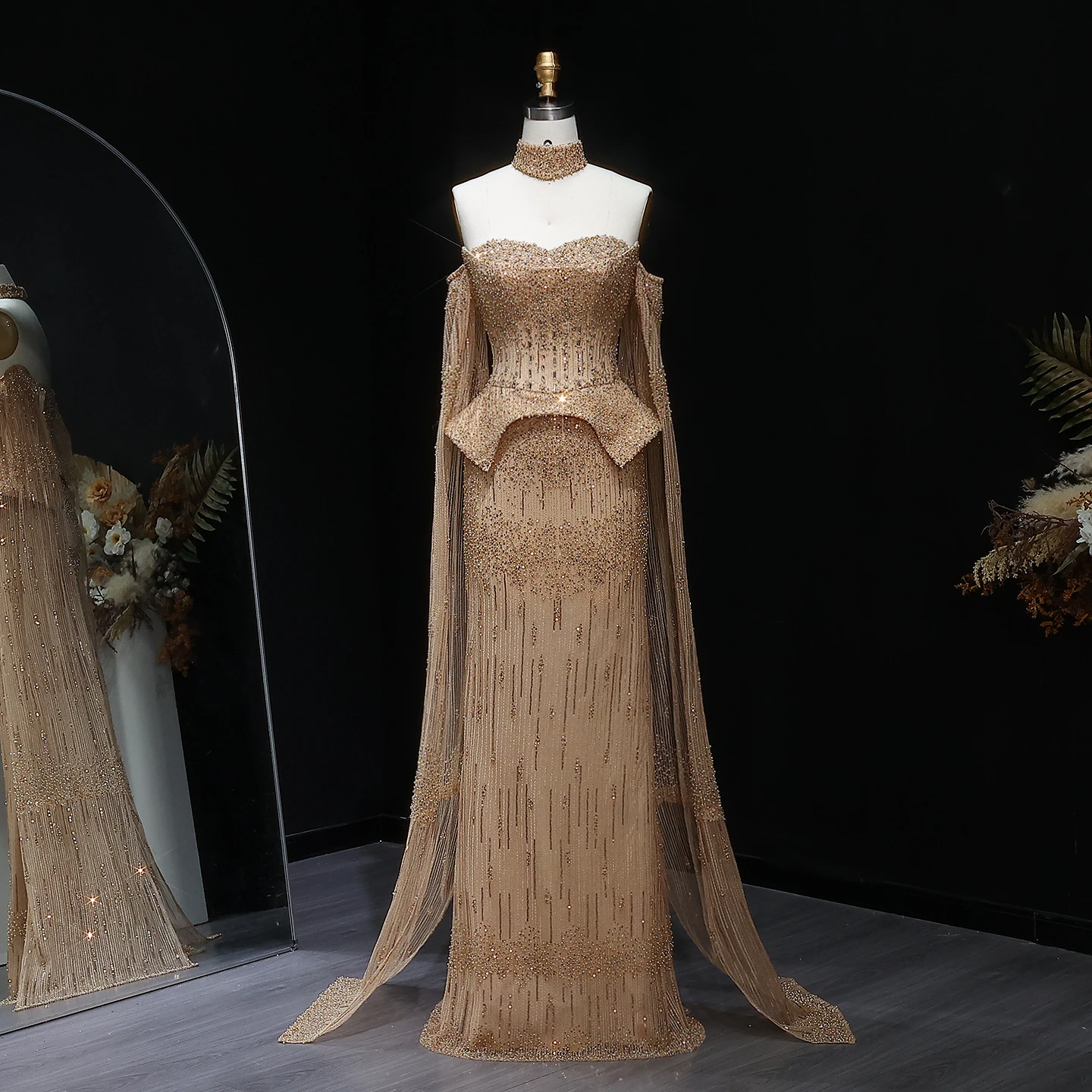 Sharon Said Luxury Grey Crystal Evening Dress with Flowing Sleeves 2025 Elegant Off-Shoulder Wedding Party Gown SS558 Customized