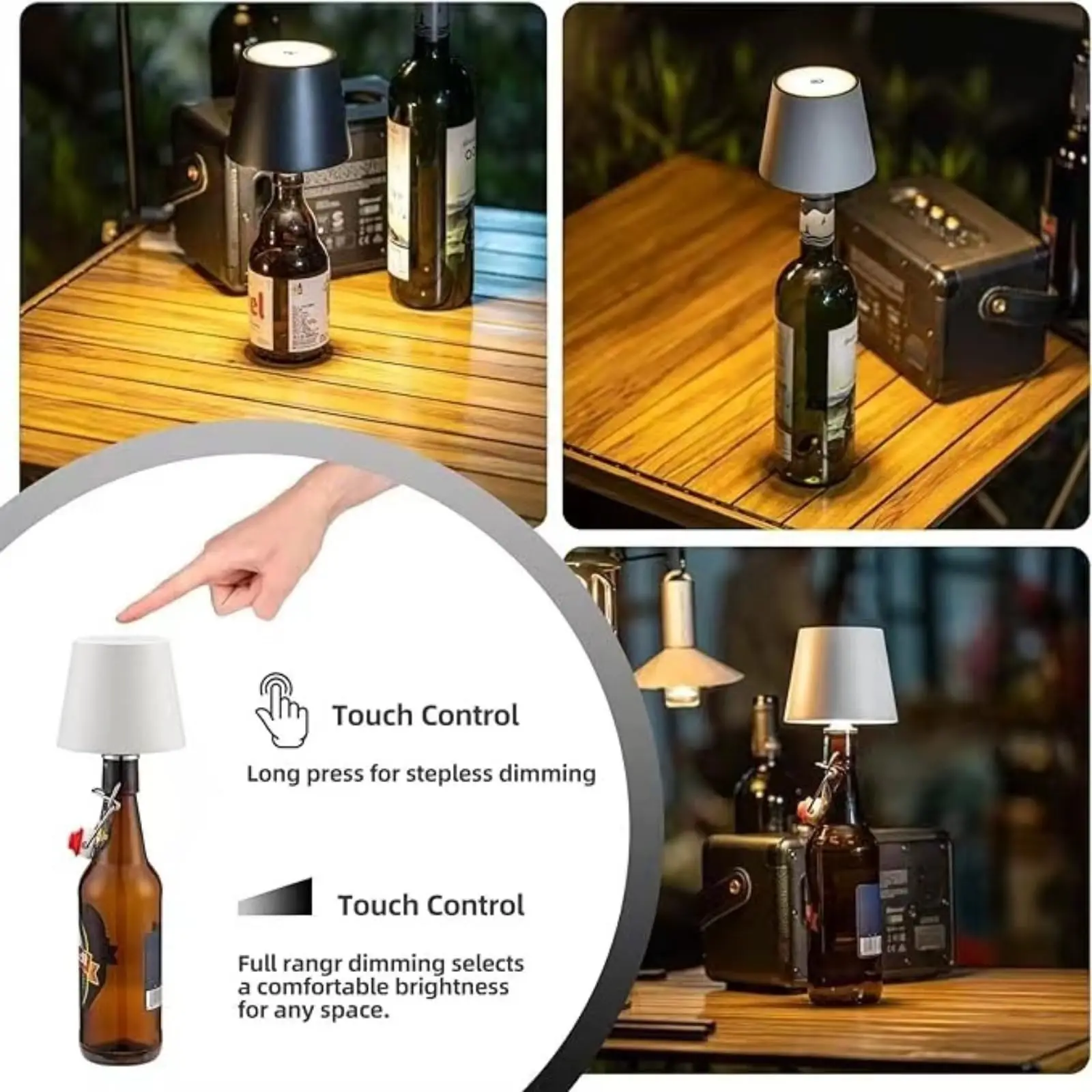 Wireless Bottle Lamp, 2024 New 3 Color Stepless Dimming Rechargeable Wine Bottle Lights, Touch LED Wine Bottle Lamp