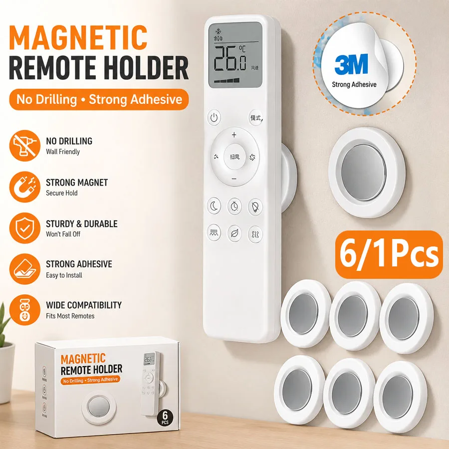 6/1 Pack Magnetic Remote Holder, No Drill Adhesive Wall Mount Bracket, Durable Plastic for Thermostat Switch Smart Home