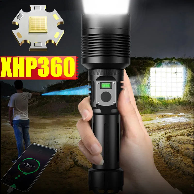 Super XHP360 Most Powerful Led Flashlight 2000000LM LED Torch Light Type-C Rechargeable Tactical Flashlights 26650 Camping Lamp