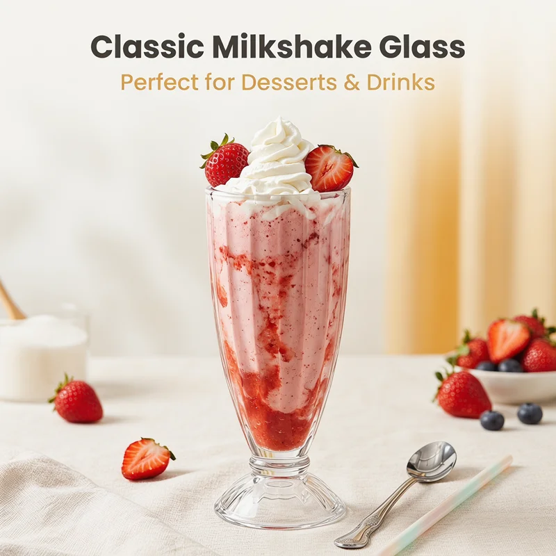 314ml (10.6oz) Milkshake Glass,Vintage Ribbed Footed Glass,  Tall Ice Cream Cup for Desserts, Iced Coffee, Cocktails