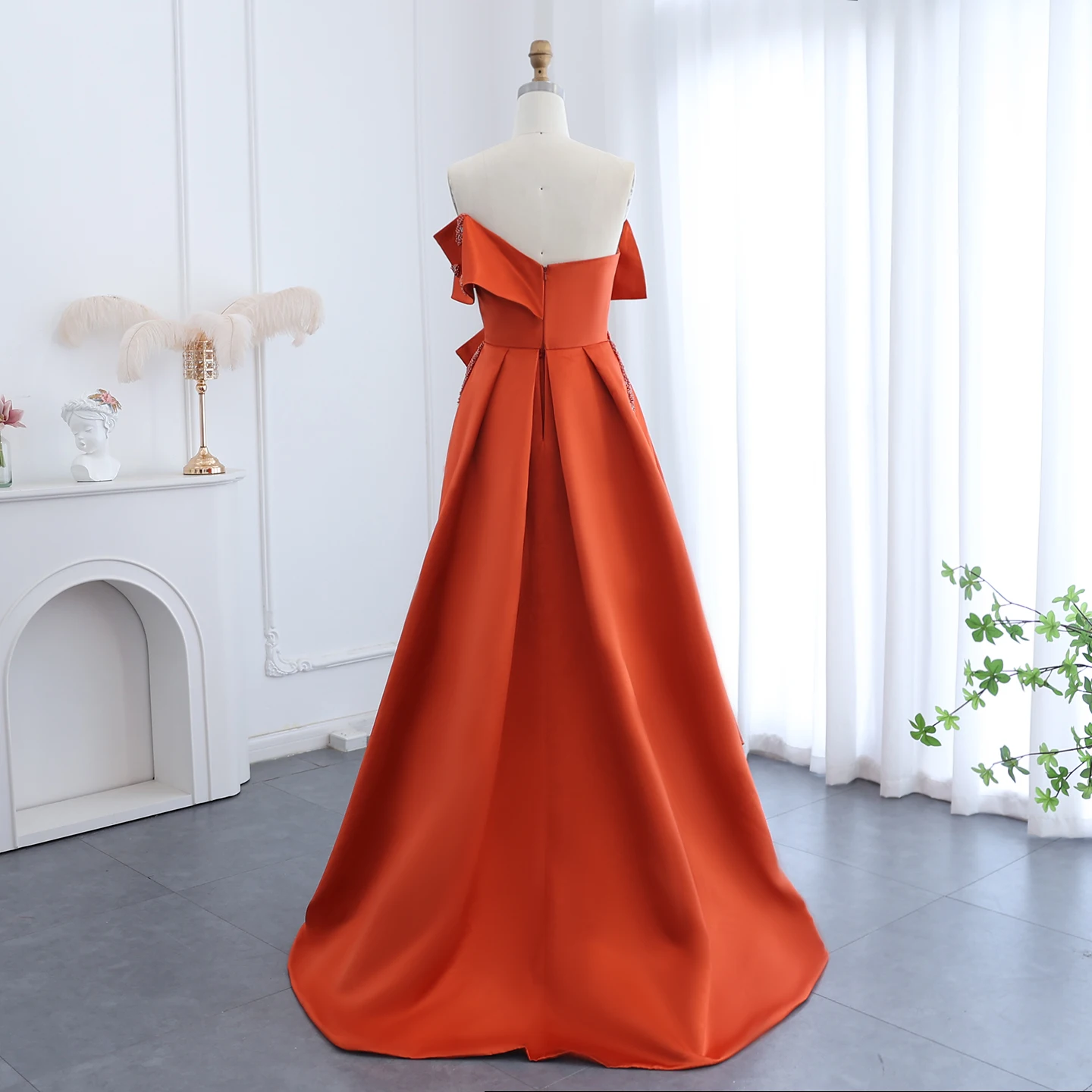 Sharon Said Luxury Orange Satin Dubai Evening Dress Off Shoulder Short Front Long Back for Wedding Party Gowns SS338 Customized