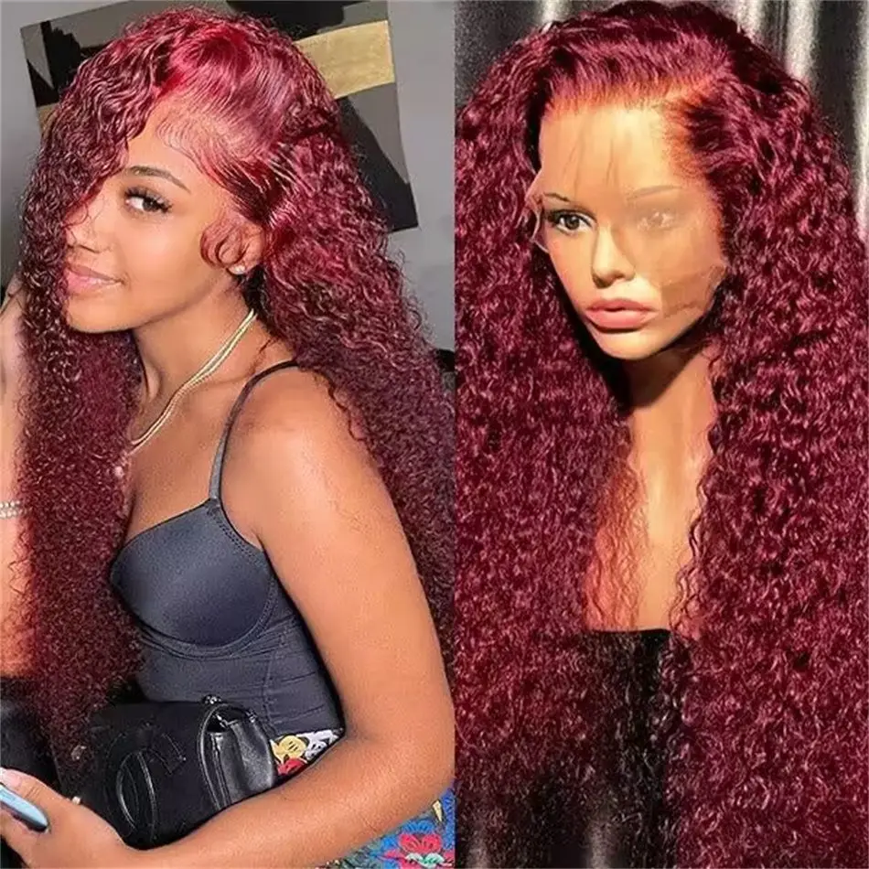 99J Burgundy 13x6 hd lace frontal human hair wig 30 40 Inch Burgundy Deep Wave 13x4 Frontal Red Curly Wigs Remy For Women choice