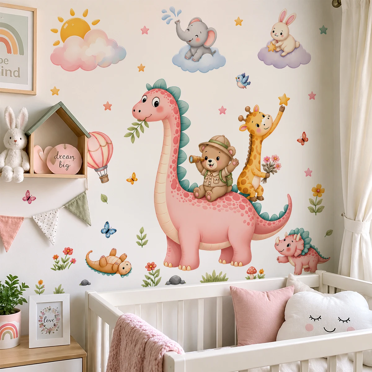 Baby Nursery Wallpaper Girl - 수채화 핑크 공룡 벽 스티커 곰