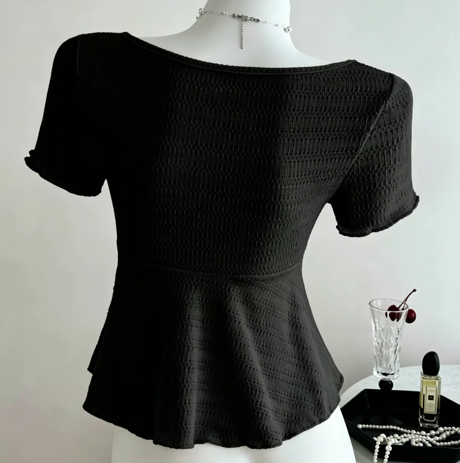 Women's Sweetheart V-Neck Short Sleeve Blouse Front Big Bow Tie Ruched Textured Slim Fitted Peplum Crop Top for Casual Occasions view 2