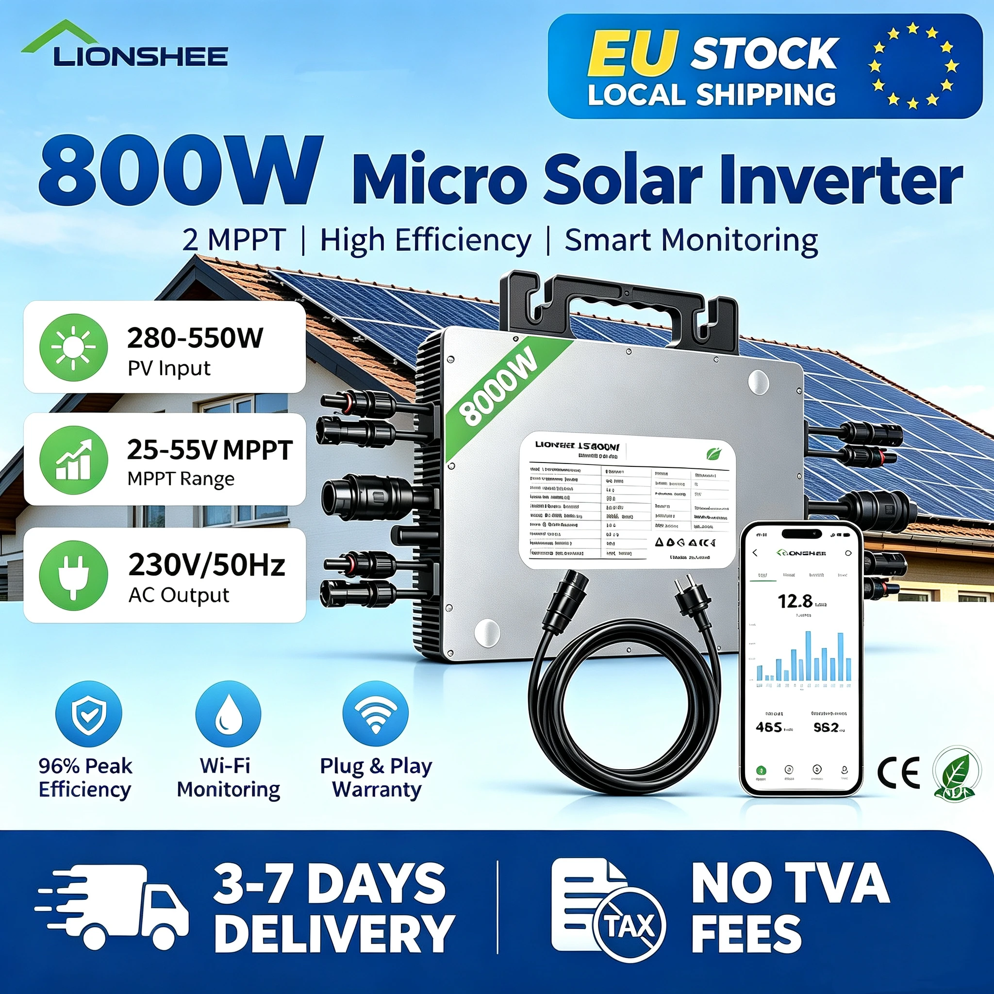 LIONSHEE TM-L800M 800W Netzgekoppelter Mikrowechselrichter, MPPT, DC 22–50 V PV-Eingang, AC 180–260 V Ausgang, IP67 wasserdicht, WLAN-App-Überwachung für 2 Solarmodule