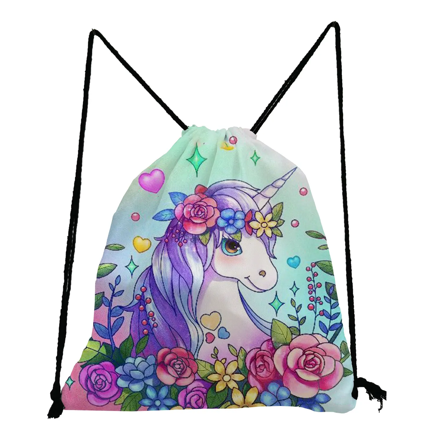 Travel Drawstring Pocket Fashion Cute Unicorn Floral Printed Shoes Bag Kawaii Animal Backpack For Women 2022 Year Customizable