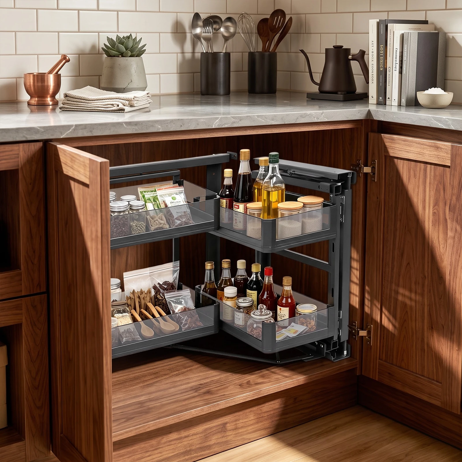 Blind Corner Cabinet Pull Out For 14 Inch Organizer,Kitchen Corner Cabinet Pull Out,Magic Corner Pull Out Left Or Right Handed Open,2 Tiers Swing Tray,Blind Corner Soft Close