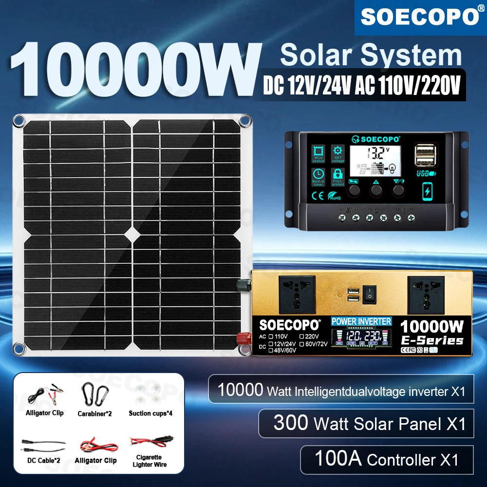 가정용 전력 안정 출력 10000W 태양광 키트 300W 패널 100A 컨트롤러 12V/24V 듀얼 전압 LCD 인버터 (잔디밭 파티, 자동차용)