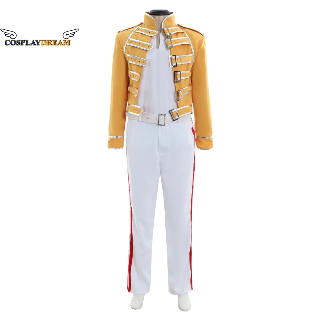 Queen Lead Vocals Freddie Mercury Wembley On Stage Cosplay Costume Yellow Jacket White Pant Freddie Halloween Party Costume Suit