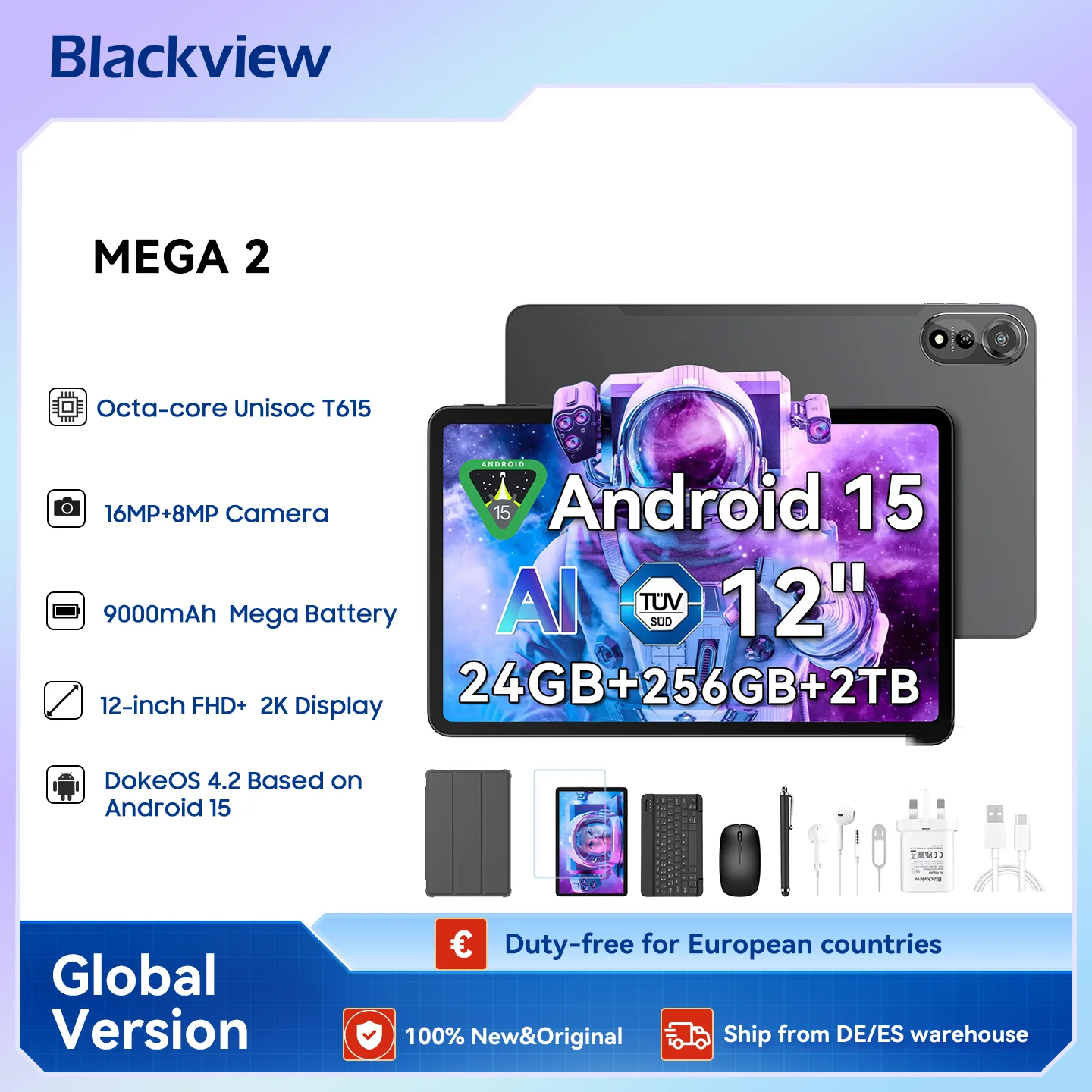 Blackview MEGA 2 Tablet PC Set With Keyboard, Mouse, Stylus, 12'' 2K Display 12GB+24GB RAM 256GB ROM, Android 15 Tablet, 9000mAh