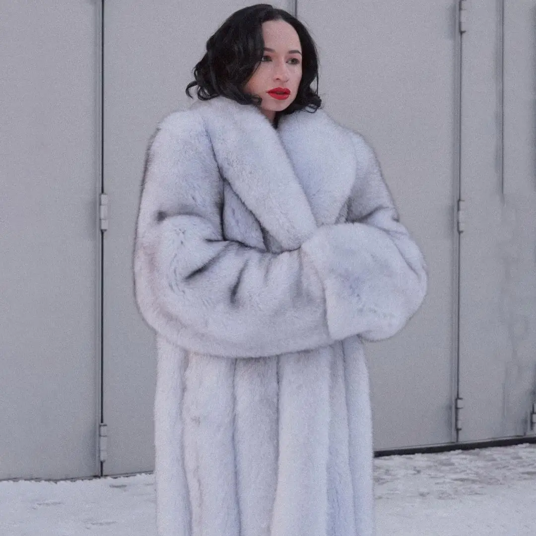 130cm Long Real Fox Fur Coat with Turn-down Collar High Quality Natural White Genuine Fox Fur Coats for Women Winter Outwear