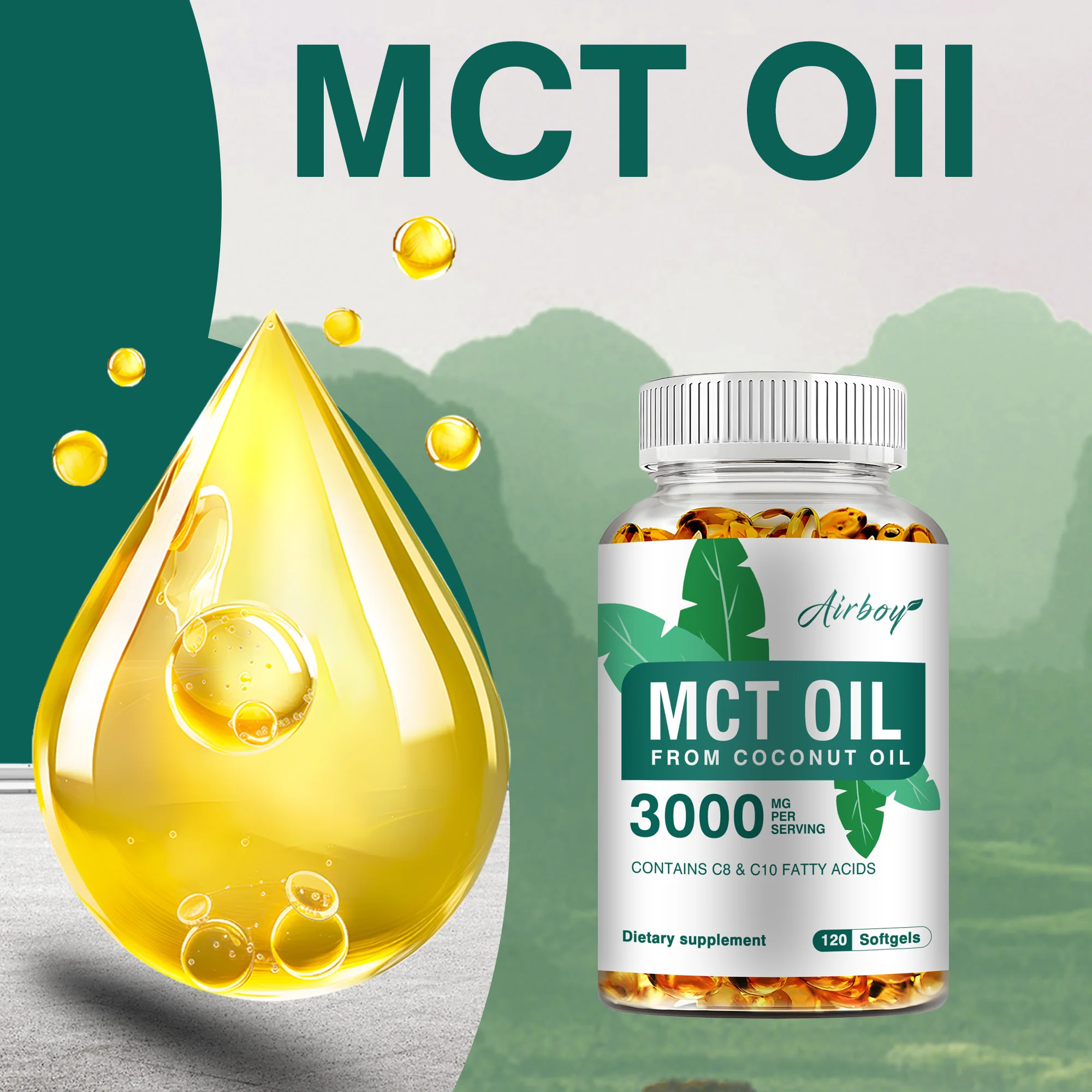 Cápsulas de aceite MCT de 3000mg, producción de energía, mejora el cerebro, control del peso, refuerzo del metabolismo, 120 cápsulas