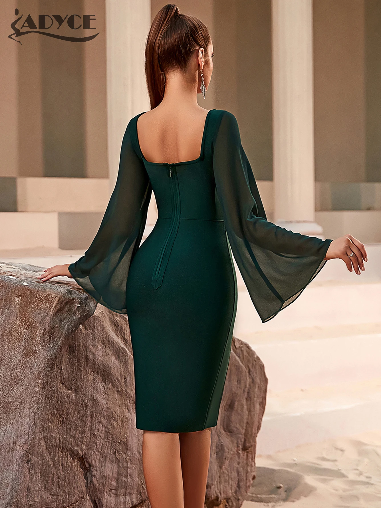 Adyce 2024 New Summer Women Bandage Dress Sexy Flare Sleeve Green Mesh Midi Dress Vestidos Elegant Celebrity Evening Party Dress