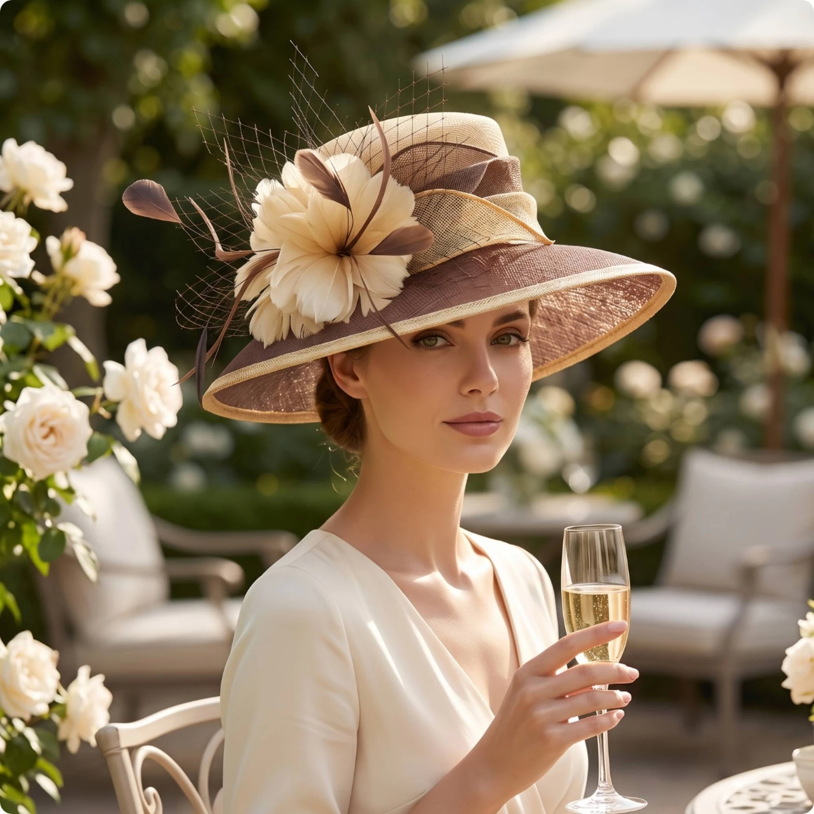 Women Sun Protection Hat Wide Brim Floral Fascinator Hats for Wedding Lightweight Mesh Linen Headwear for Tea Party