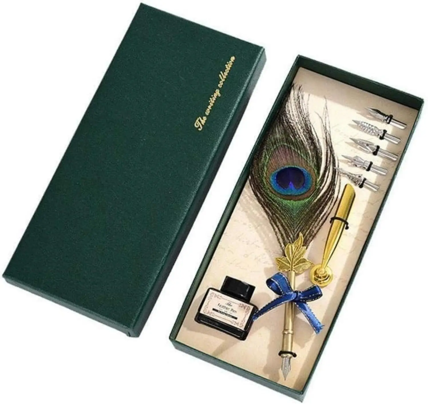 Peacock Feather Pen Set: Nice Quill Pen with Metal Pen Handle Cool Calligraphy Pens with Nib Holder Dip Pen