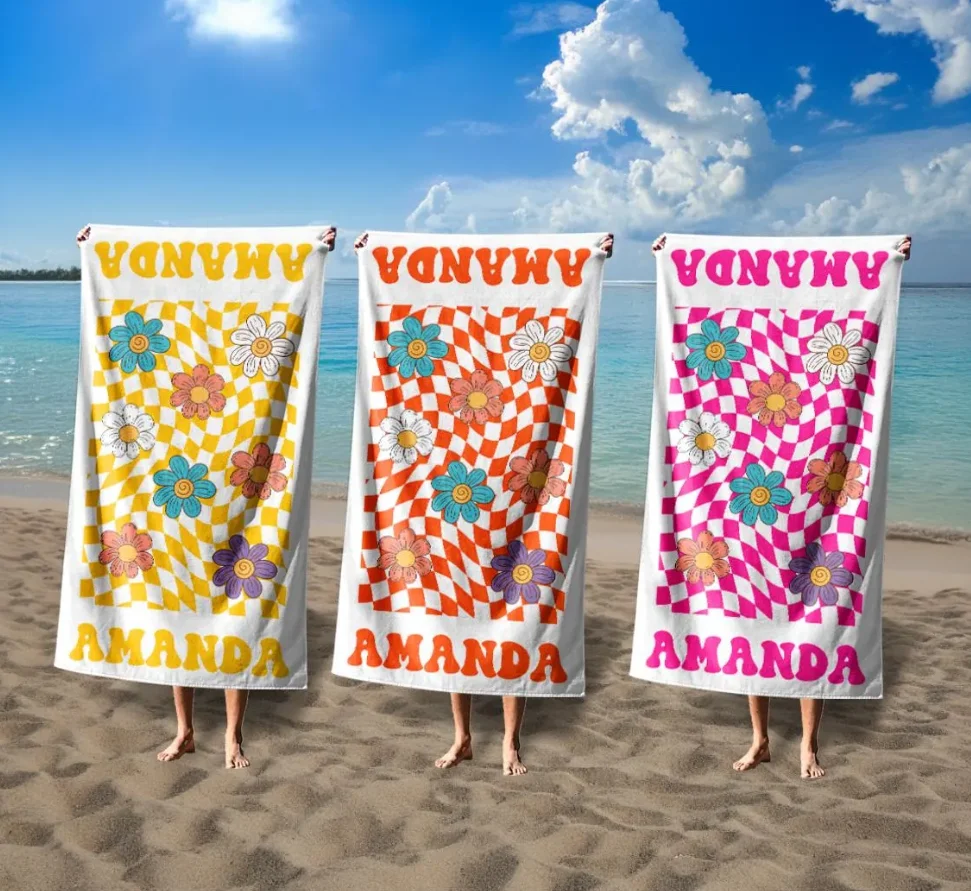 Custom Grid Flowers Beach Towel With Name, Retro Multi Style Personalized Pool Towel, Oversized Monogram Bath Towels, Birthday