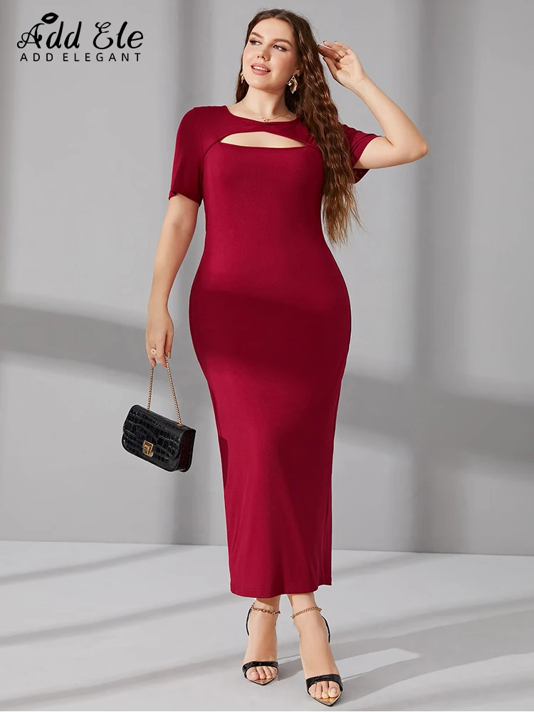 

Add Elegant Plus Size Women Summer Maxi Dresses O-Neck Hollow Out Fashion Hem Rear Slit Solid Sweet Party Bodycon Dress F052