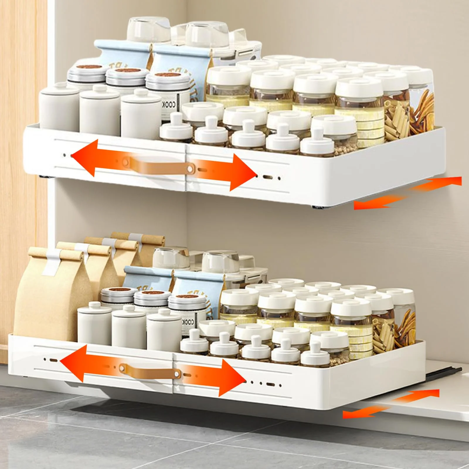 Ausziehbarer Schrank-Organizer, Schwerlast-Küchenschubladen mit Klebstoff, Bohrungslose Klebebefestigung, Platzsparende Ausziehschublade für Küchen- & Badaufbewahrung – Passend für Regale 35 cm Breit