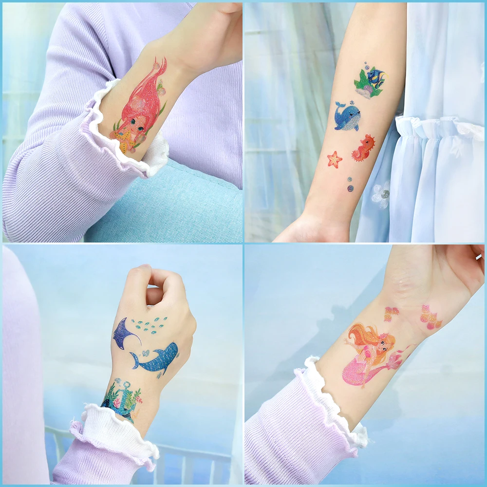 12 Sheets Shimmering Pink Temporary Tattoos Ocean Creatures Stickers Glitter Mermaids Whales Jellyfish Turtles Fake Tattoos
