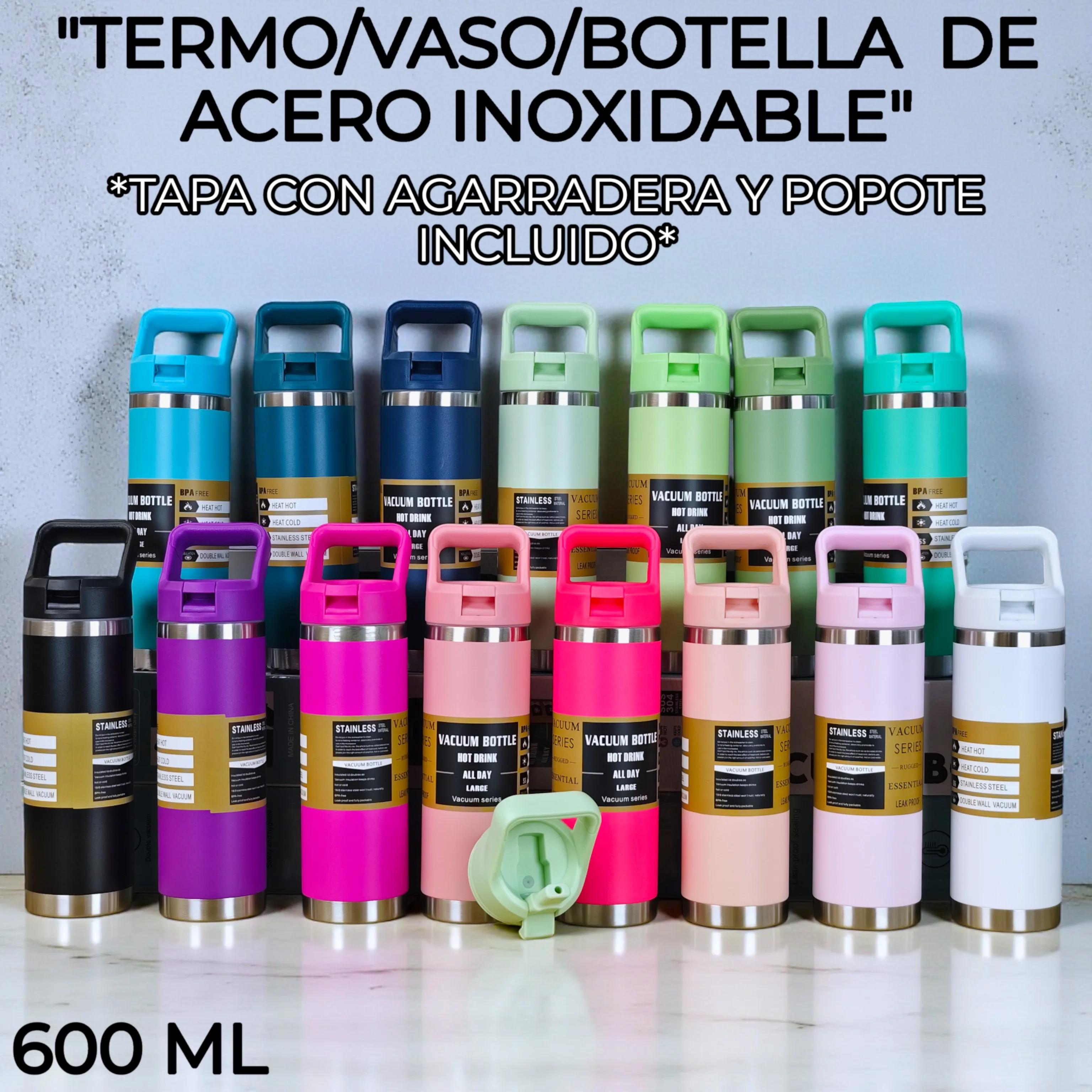 بهلوان/زجاجة/ترمس من الفولاذ المقاوم للصدأ بمقبض وقش، Fab-25، ترمس محمول، زجاجة رياضية، كوب معزول حراريًا، ترمس للمشروبات الساخنة أو الباردة، 15 لونًا مختلفًا، 600 مل. #1