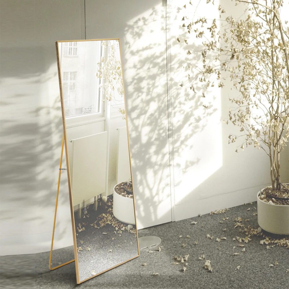 Anajqaqia Miroir complet 150x40 cm avec cadre en métal, miroir sur pied, réflexion en verre HD transparent, verre trempé, doré