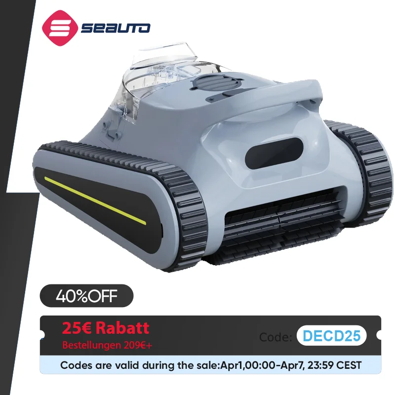 Seauto Crab Pro Roboter-Poolsauger, 45.000 Pa leistungsstarke Saugkraft, Wandklettern, geeignet für Wände und Böden mit 2200 Quadratfuß
