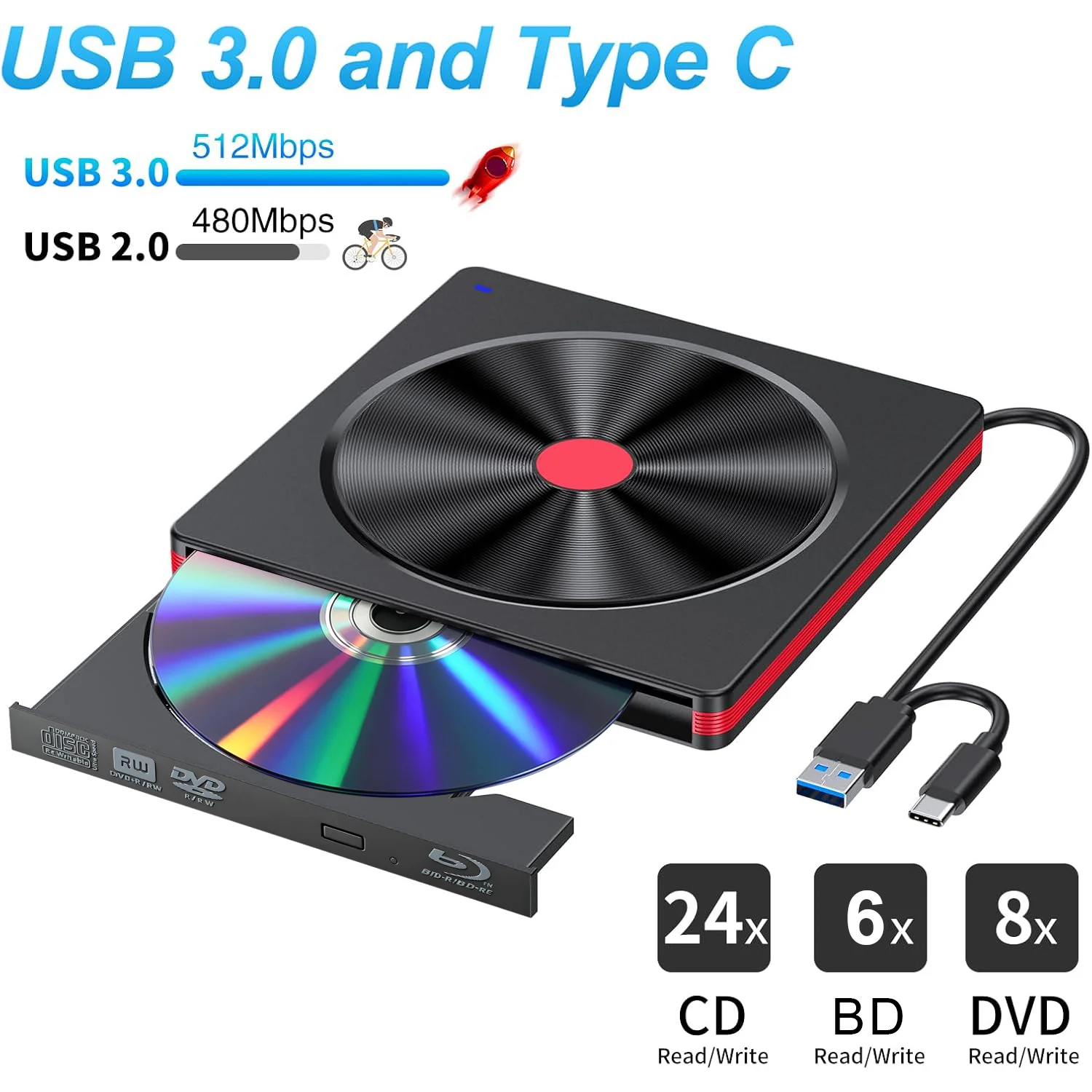External Blu-ray Drive, USB 3.0 & Type-C Blu-ray Recorder Burner,DVD/CD/BD Player Reader Writer Optical Drive for Laptop Desktop