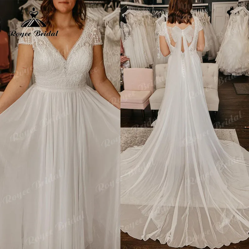 A Line Wedding Dress with Detachable Bow V Neck Short Sleeve Lace Bodice Chiffon Open Back Vestidos de Novia Plus Size Bridal